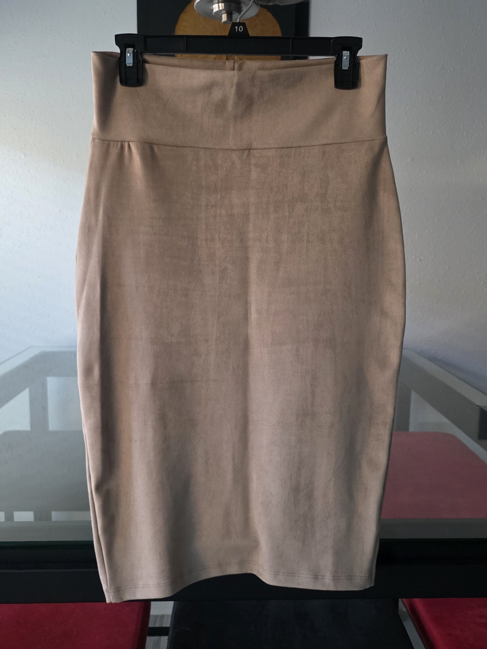 bebe Suede-Look High Waist Midi Pencil Skirt Beige Tan Medium